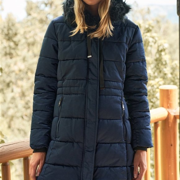 Navy Long Vegan Fur Hood Winter puffer Jacket Dark - Picture 4 of 6